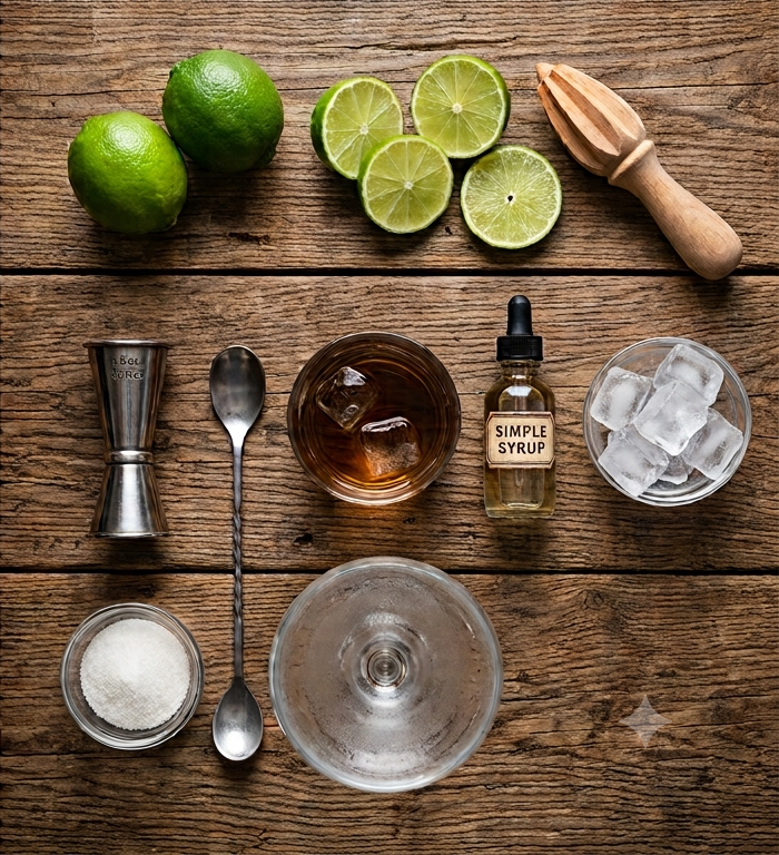 Składniki na Daiquiri – biały rum, świeża limonka, syrop cukrowy i lód na drewnianym blacie