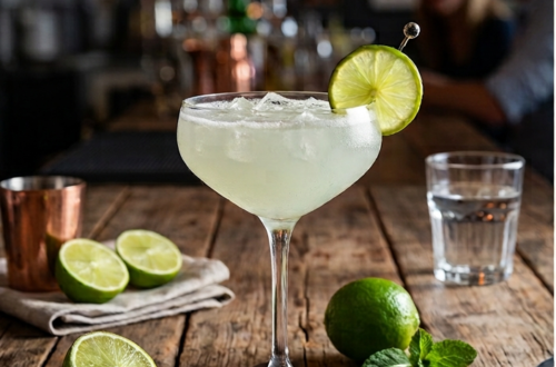 Gotowy drink Daiquiri w kieliszku koktajlowym z limonką jako dekoracją