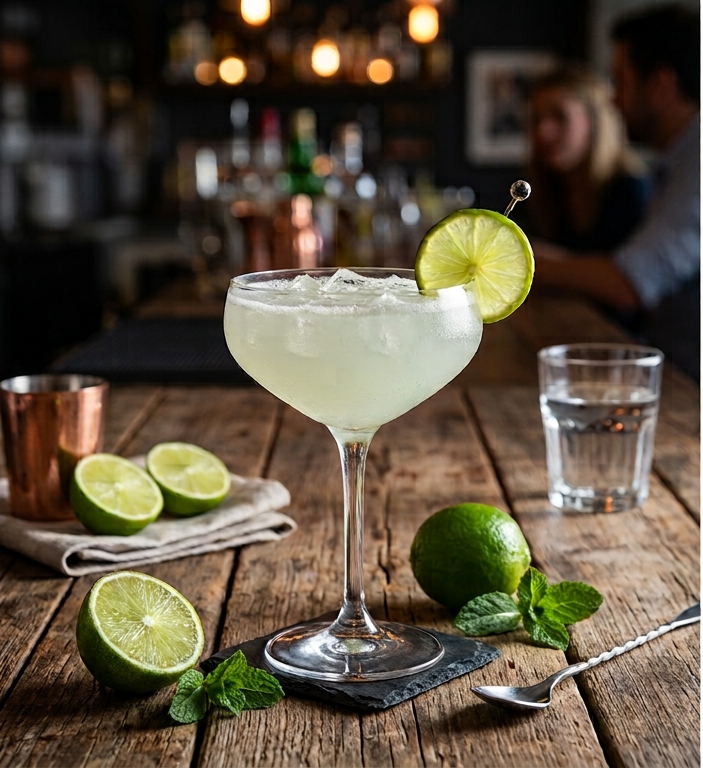 Gotowy drink Daiquiri w kieliszku koktajlowym z limonką jako dekoracją